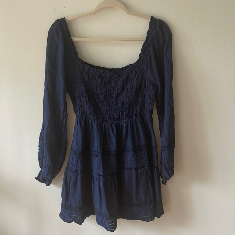 American Eagle smocked long sleeve navy blue mini dress